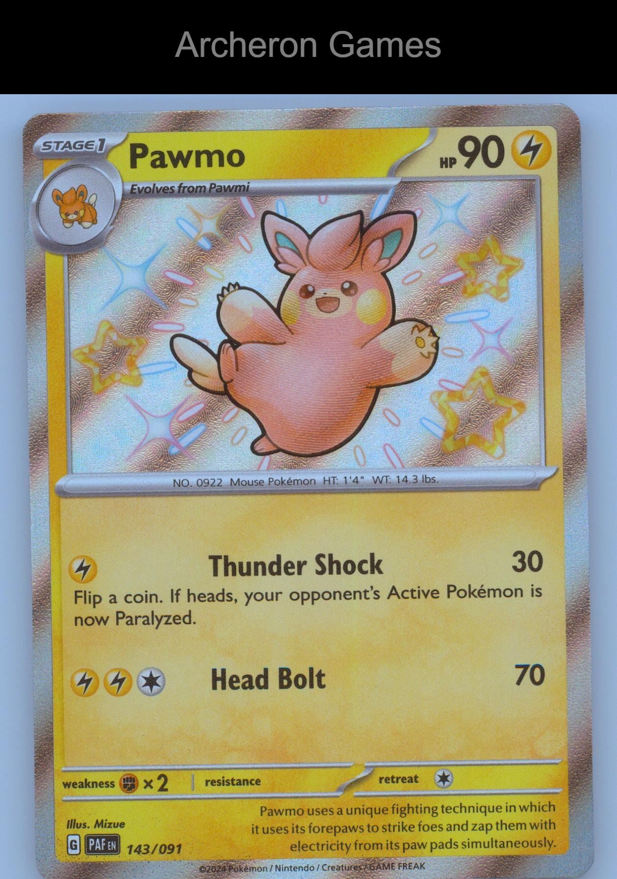 Pokemon Card Pawmo PAF 143/091 Shiny Rare Paldean Fates Holo