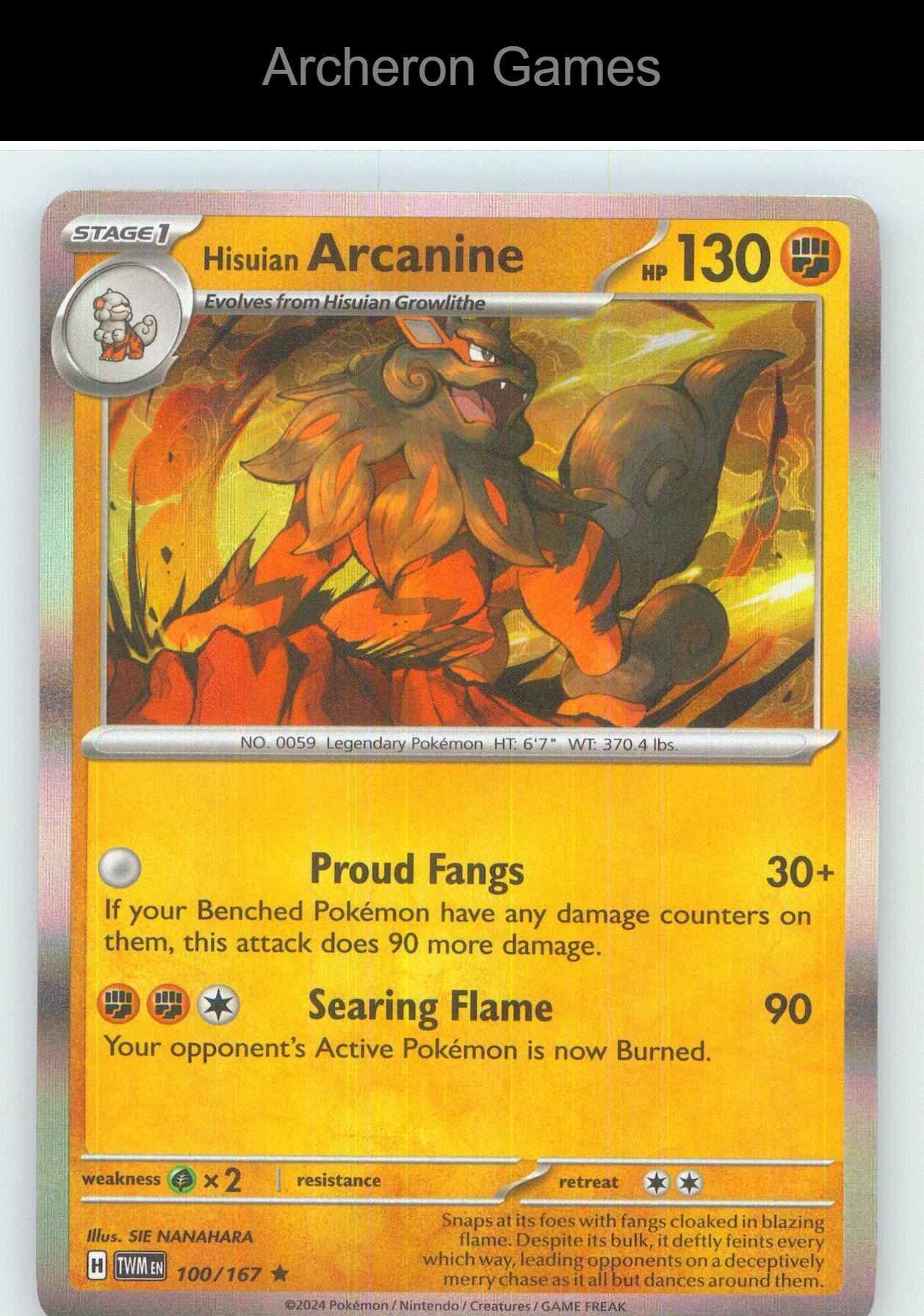 Pokemon Card Hisuian Arcanine TWM 100/167 R Twilight Masquerade Holo