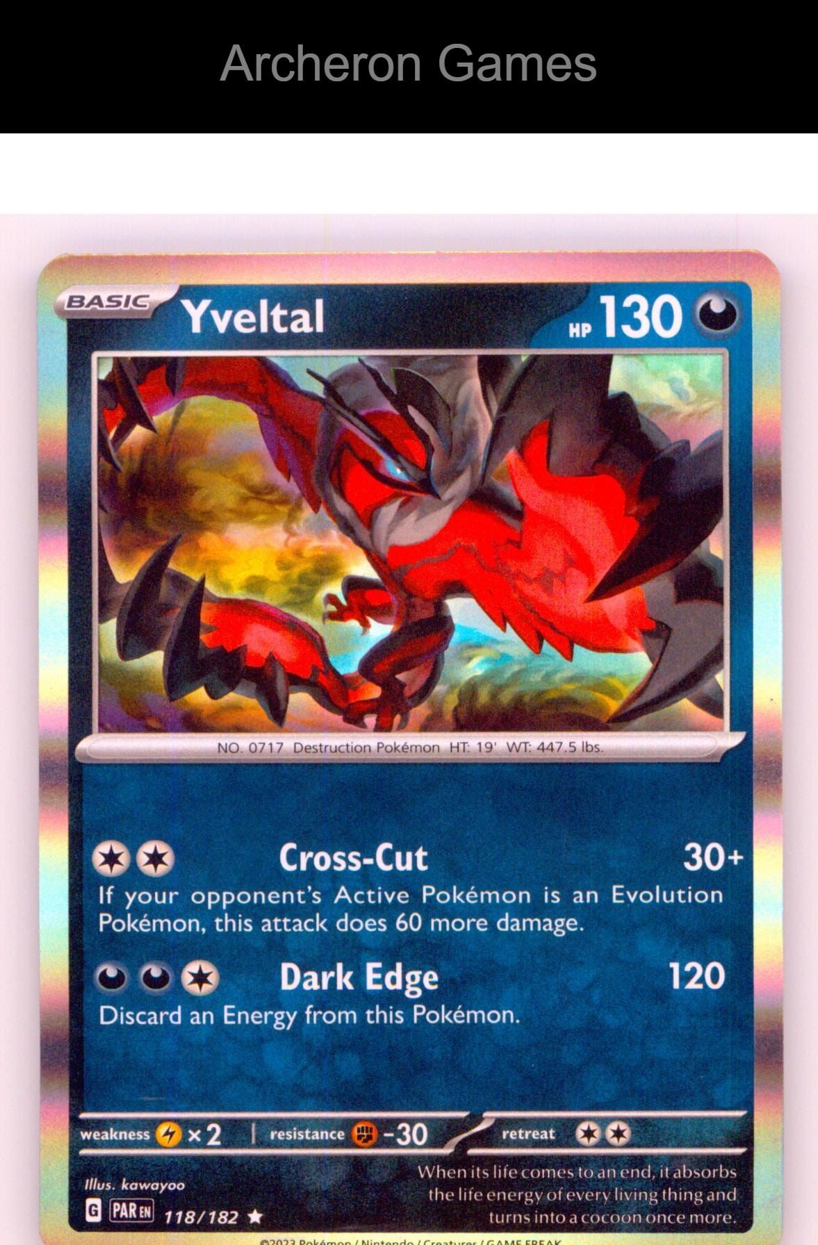 Pokemon Card Yveltal PAR 118/182 R Paradox Rift Holo