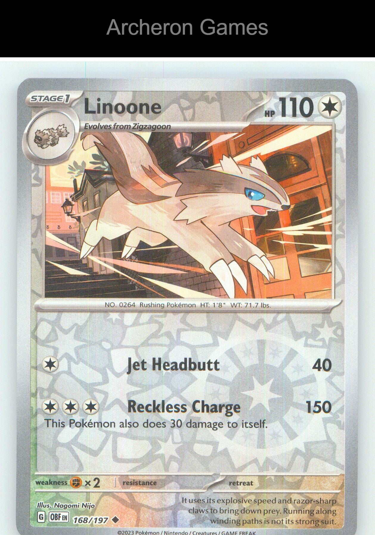 Pokemon Card Linoone OBF 168/197 UC Obsidian Flames Reverse Holo