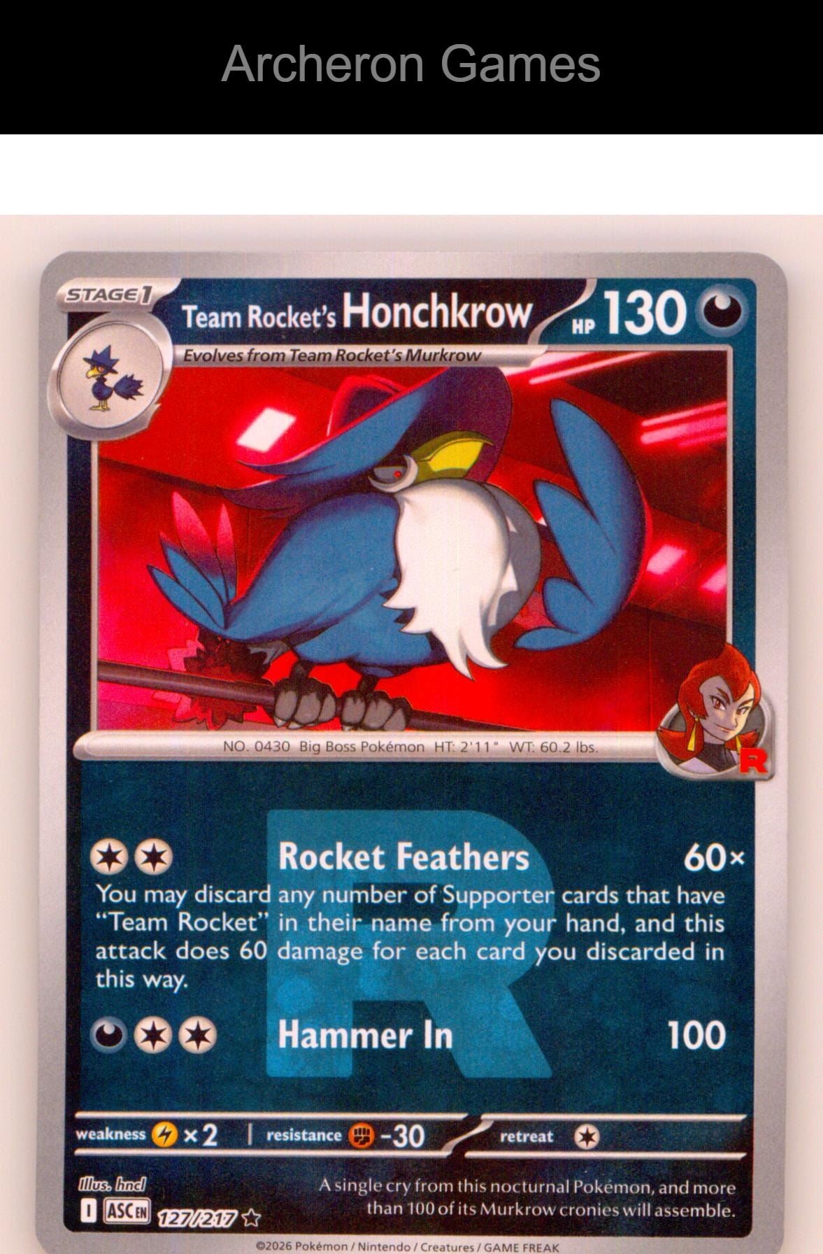 Pokemon Card Team Rocket's Honchkrow (Team Rocket) ASC 127/217 Reverse Holo