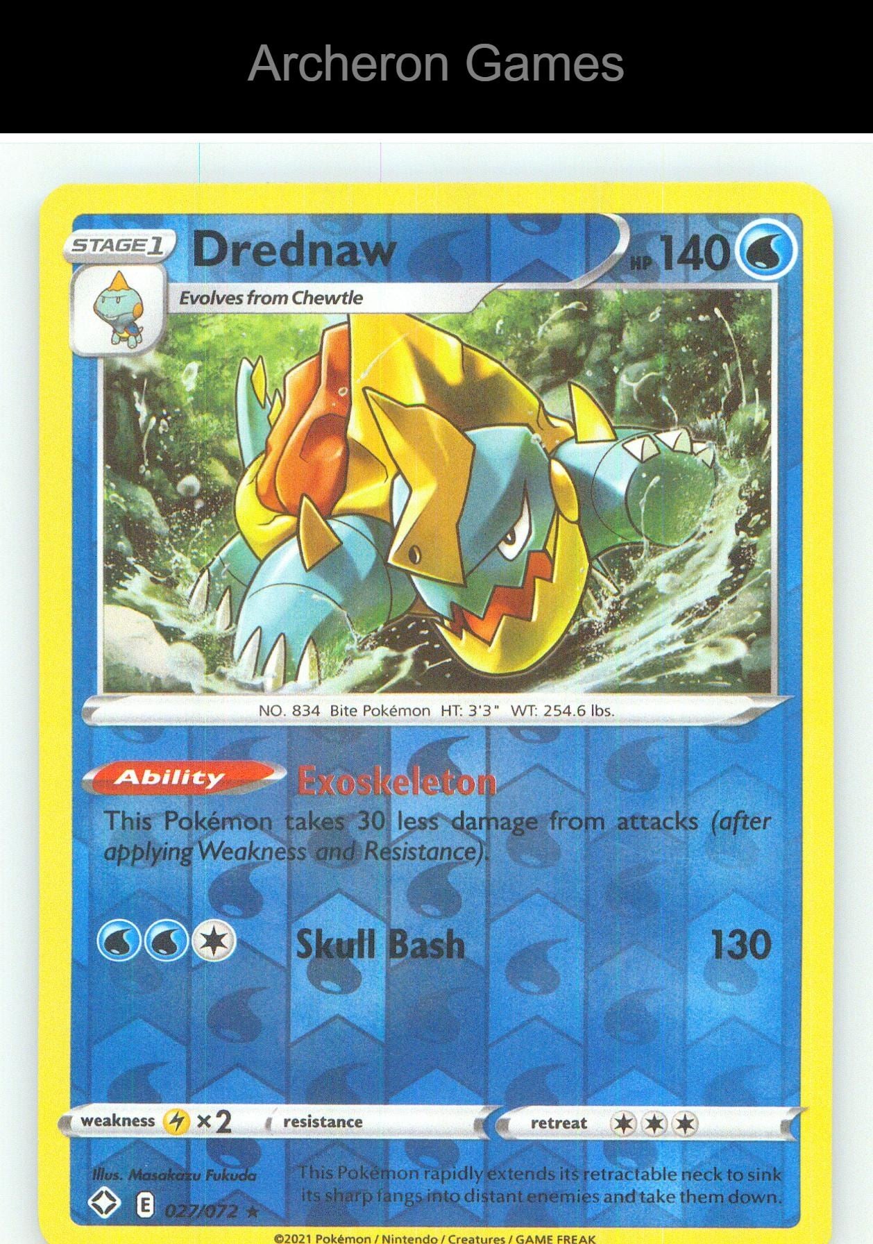 Pokemon Card Drednaw SHF 027/072 R Shining Fates Reverse Holo