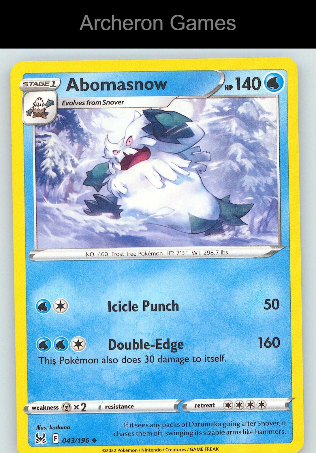 Pokemon Card Abomasnow LOR 043/196 UC Lost Origin