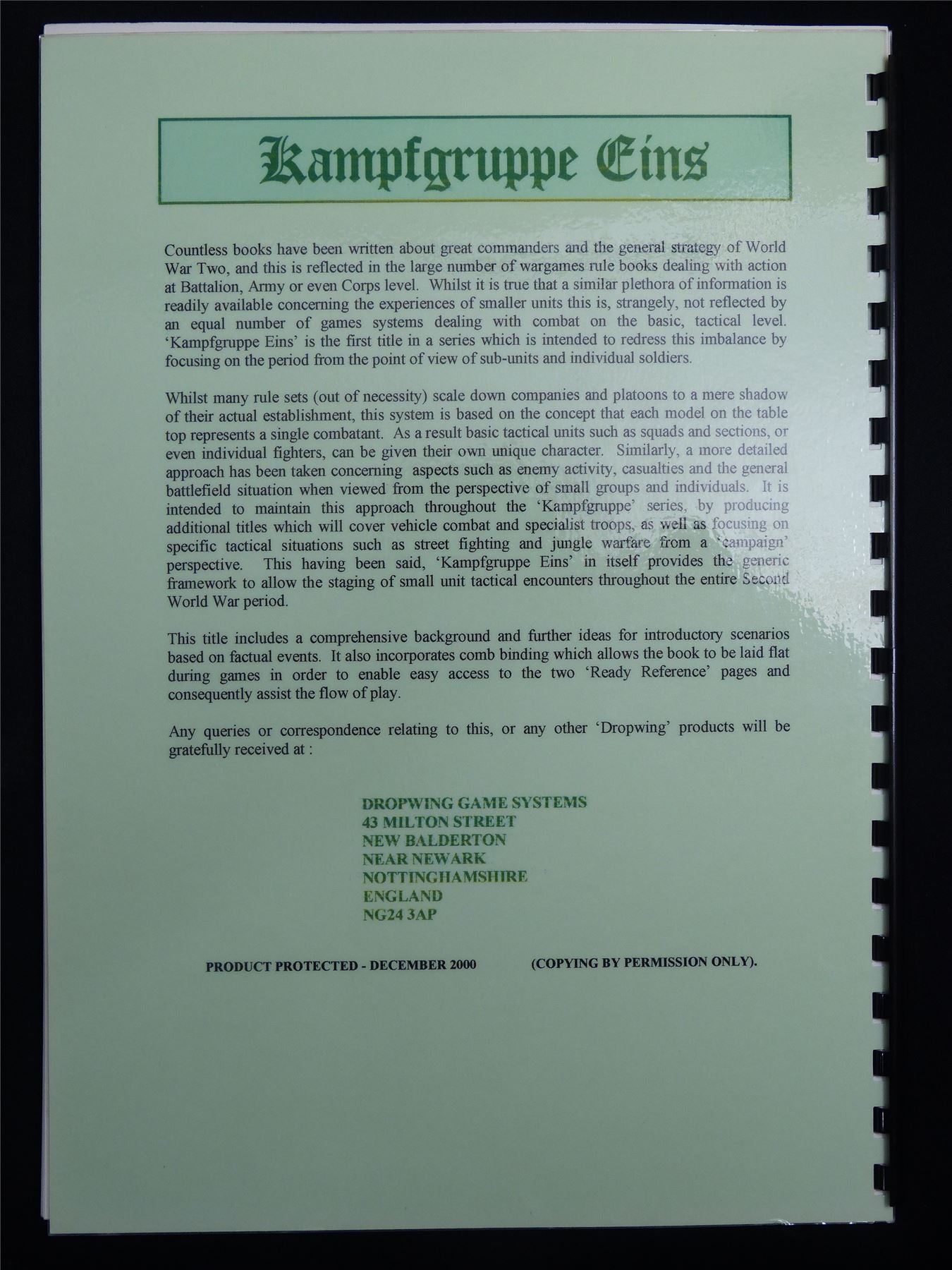 Kampfgruppe Eins: WW2 Infantry Skirmish by Steve Winter - Dropwing Game Systems Booklet #C5