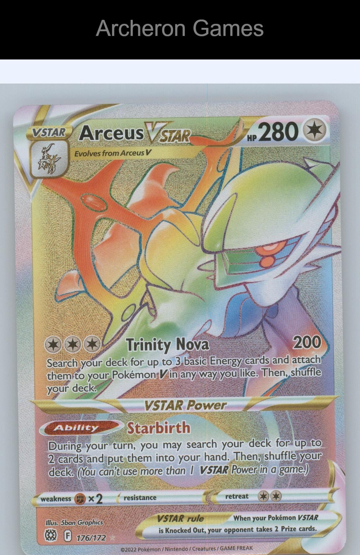 Pokemon Card Arceus VSTAR BRS 176/172 Rainbow Rare Brilliant Stars Holo