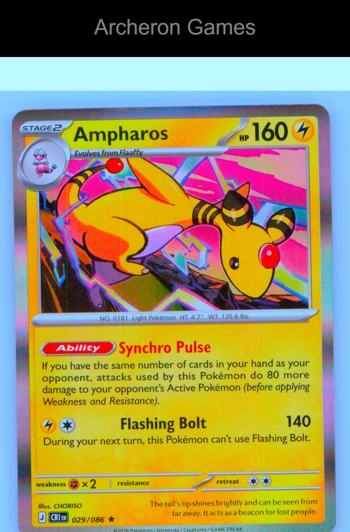 Pokemon Card Ampharos ME04 029/086 R Chaos Rising Holo