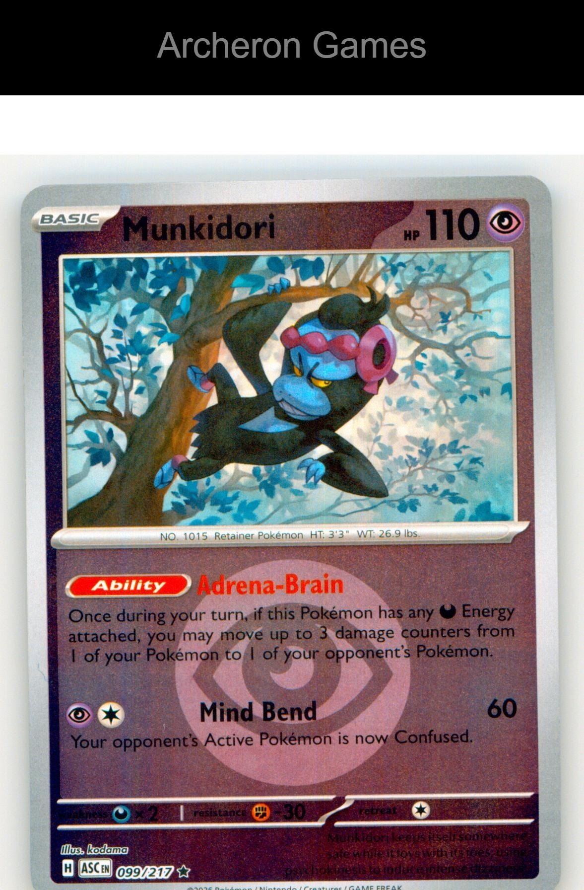 Pokemon Card Munkidori (Energy Symbol Pattern) ASC 099/217  Reverse Holo