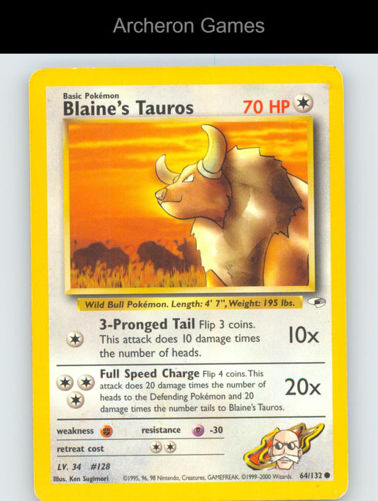 Pokemon Card Blaine's Tauros G1 64/132 C Gym Heroes Unlimited