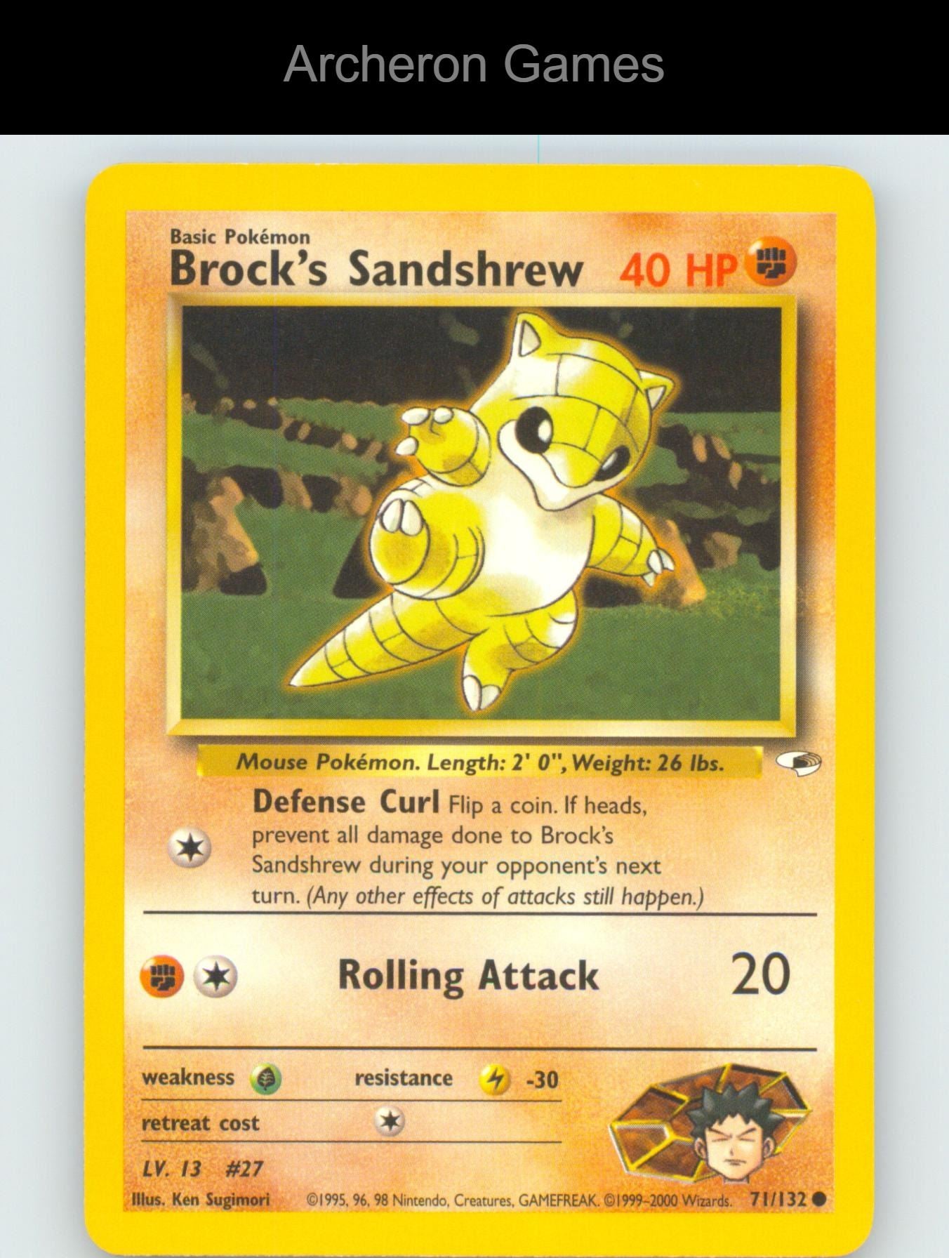 Pokemon Card Brock's Sandshrew G1 71/132 C Gym Heroes Unlimited
