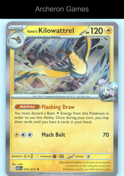 Pokemon Card Iono's Kilowattrel ASC 072/217 R Ascended Heroes Holo
