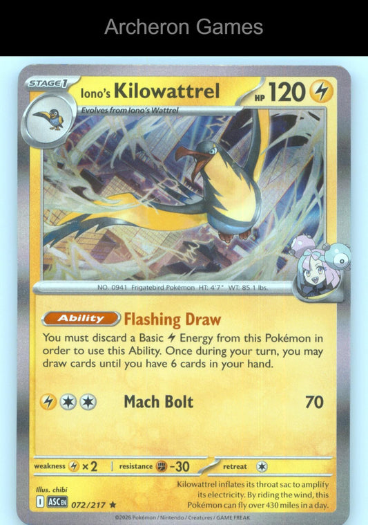 Pokemon Card Iono's Kilowattrel ASC 072/217 R Ascended Heroes Holo