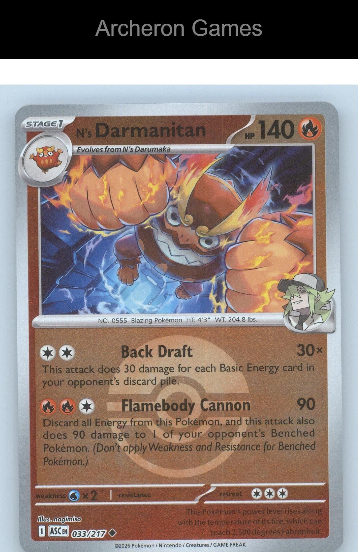 Pokemon Card N's Darmanitan (Poke Ball) ASC 033/217 Ascended Heroes Reverse Holo