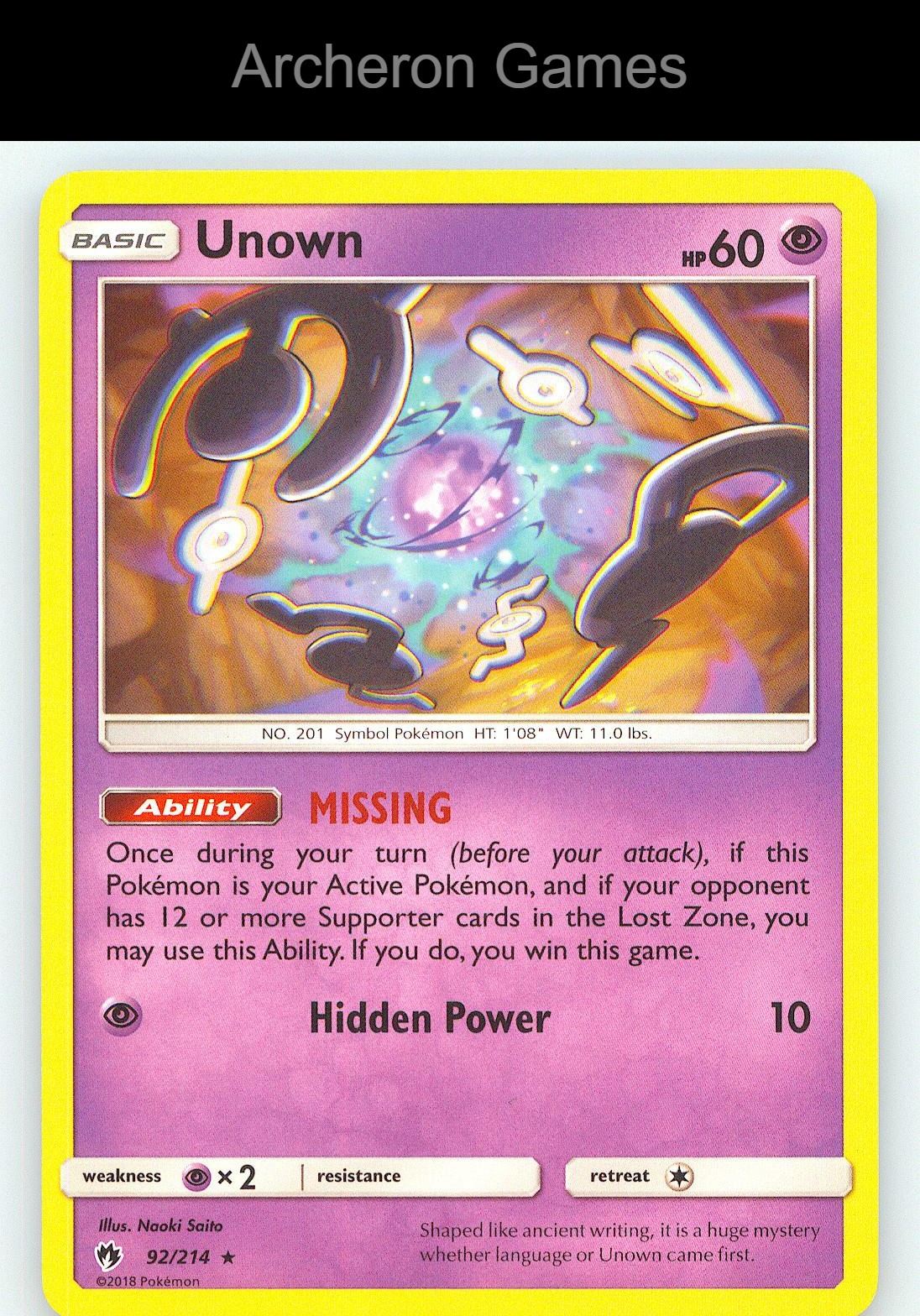 Pokemon Card Unown LOT 92/214 R Lost Thunder
