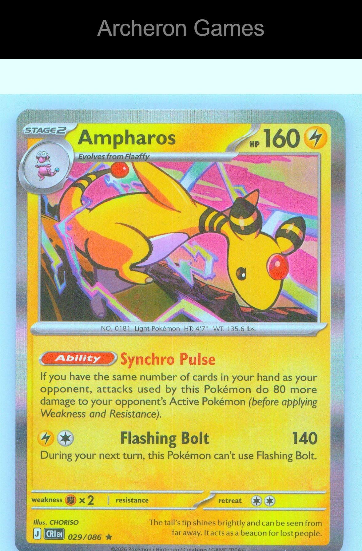 Pokemon Card Ampharos ME04 029/086 R Chaos Rising Holo