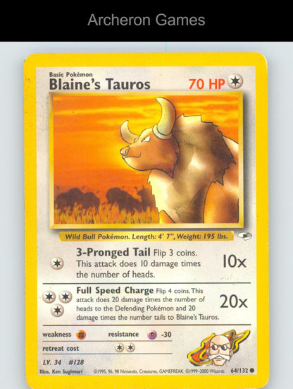 Pokemon Card Blaine's Tauros G1 64/132 C Gym Heroes Unlimited