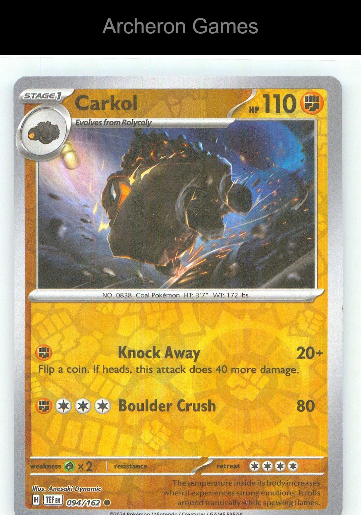 Pokemon Card Carkol TEF 094/162 C Temporal Forces Reverse Holo