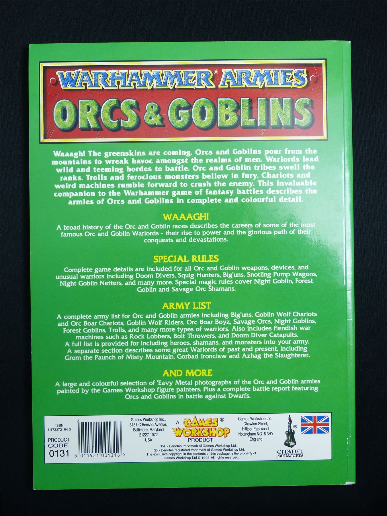 Warhammer Armies: Orcs and Goblins 4th Edition Softback 1993 - Warhammer Old World #1GQ