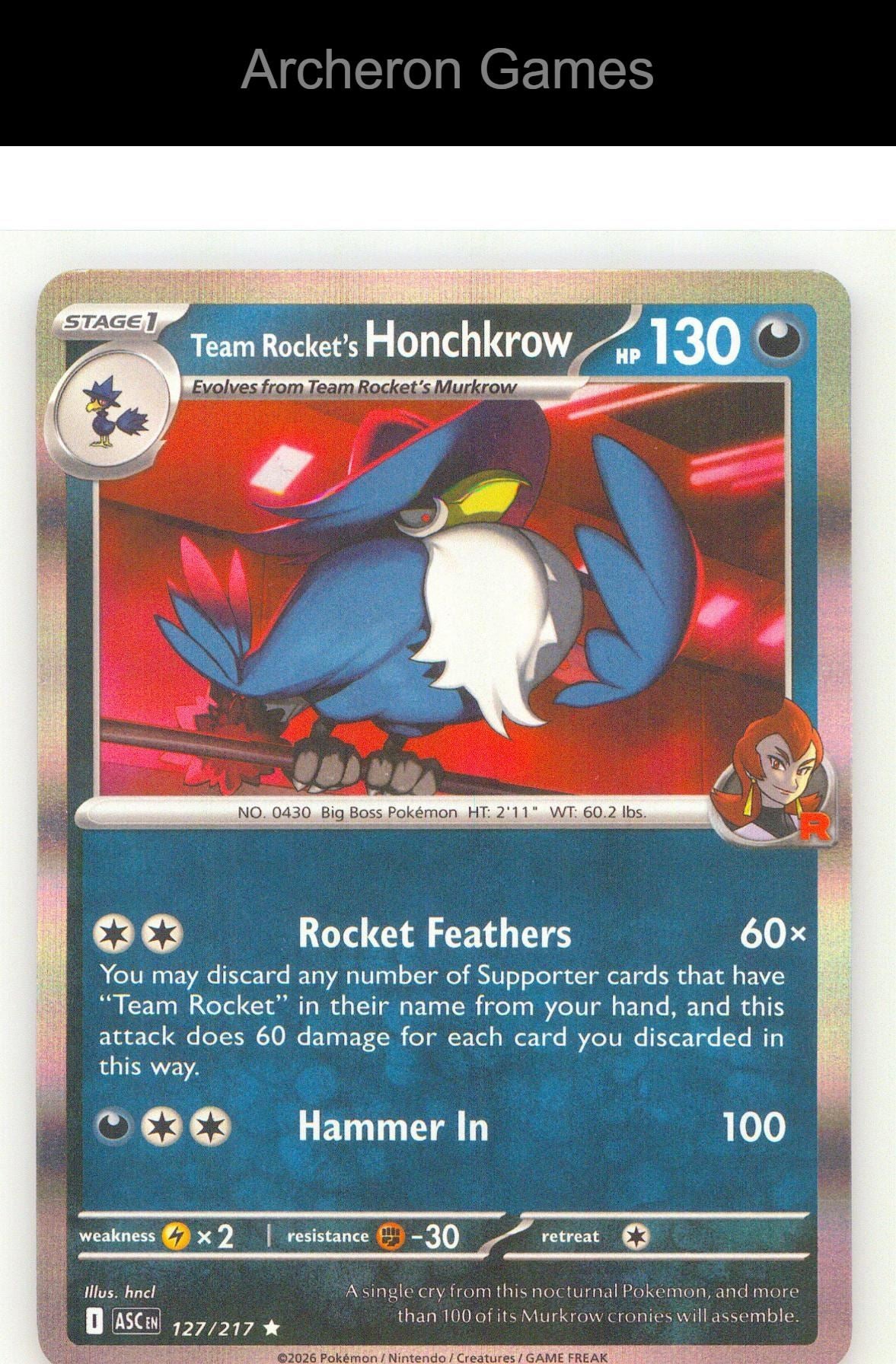 Pokemon Card Team Rocket's Honchkrow ASC 127/217 R Ascended Heroes Holo