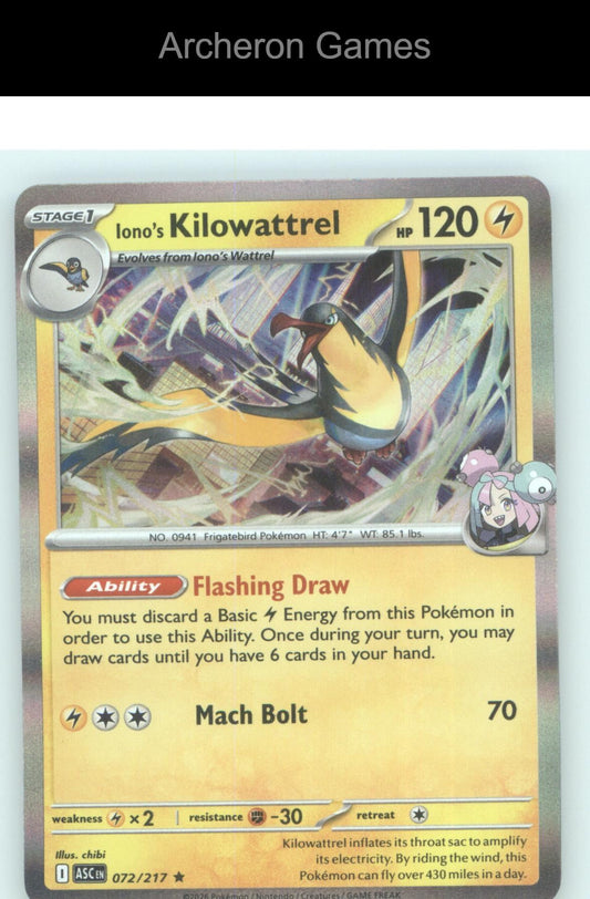Pokemon Card Iono's Kilowattrel ASC 072/217 R Ascended Heroes Holo
