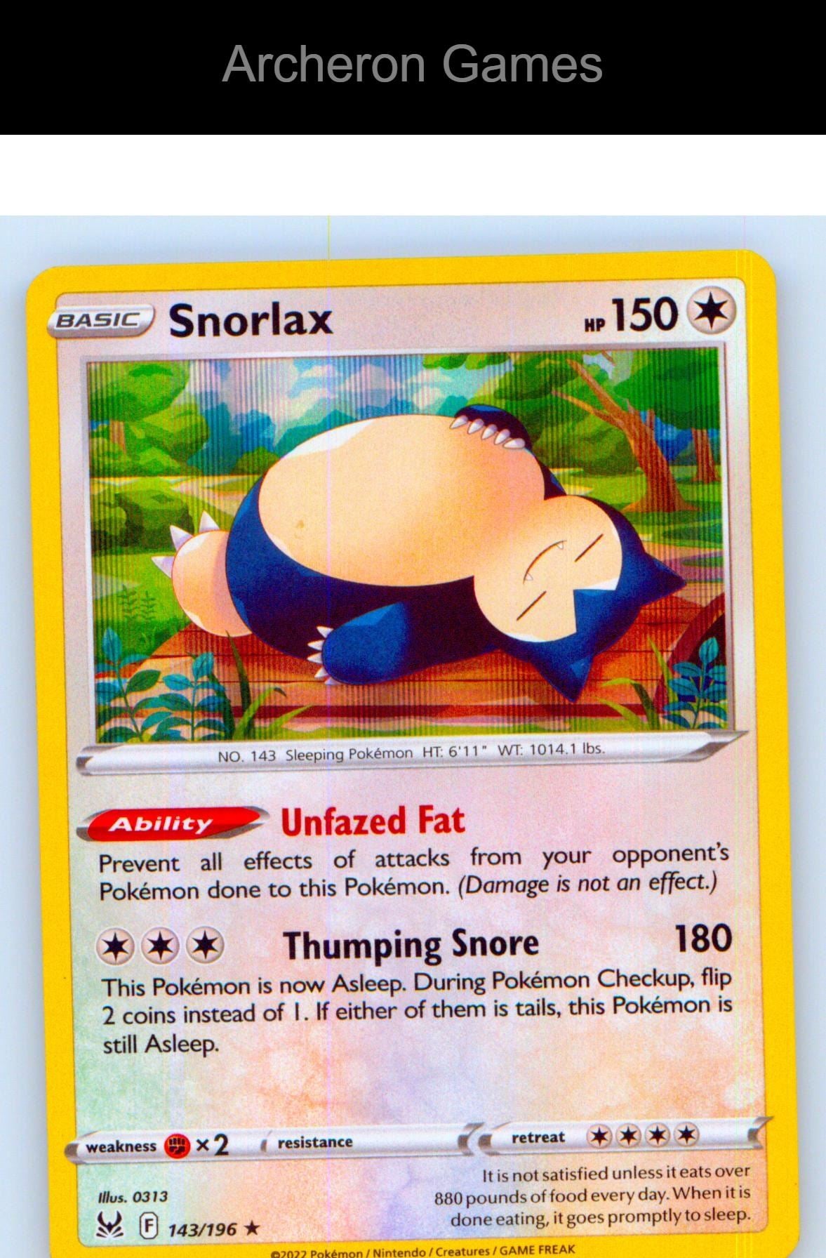 Pokemon Card Snorlax LOR 143/196 HOLO R Lost Origin