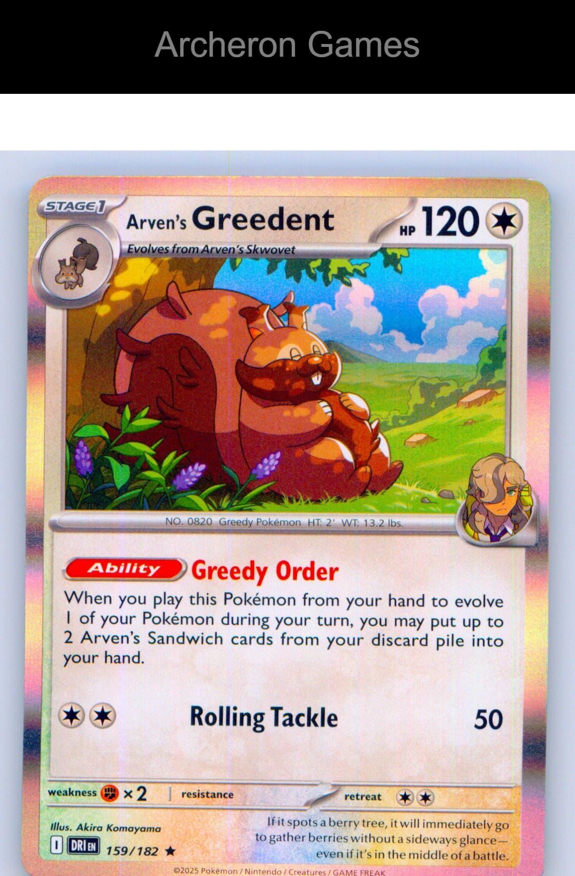 Pokemon Card Arven's Greedent DRI 159/182 R Destined Rivals Holo