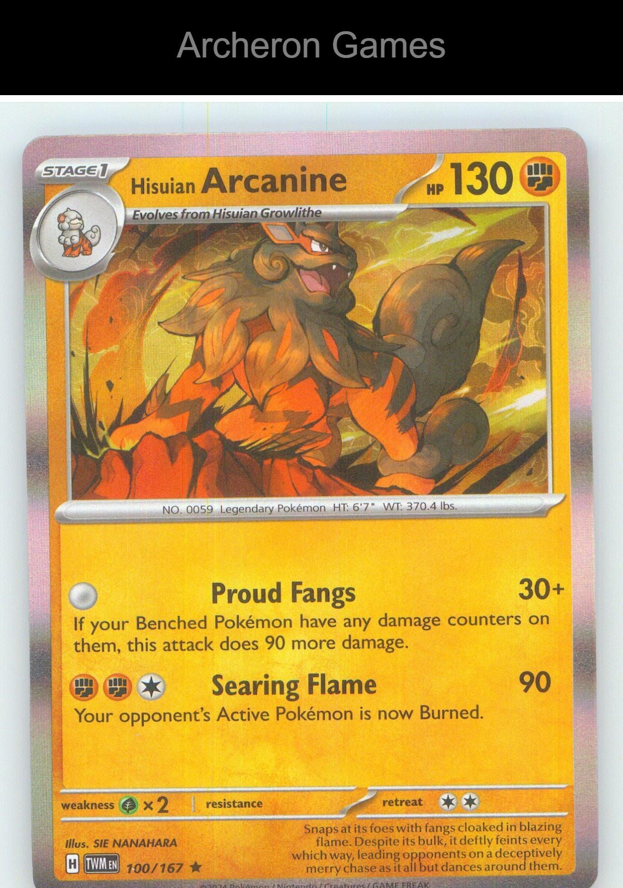 Pokemon Card Hisuian Arcanine TWM 100/167 R Twilight Masquerade Holo