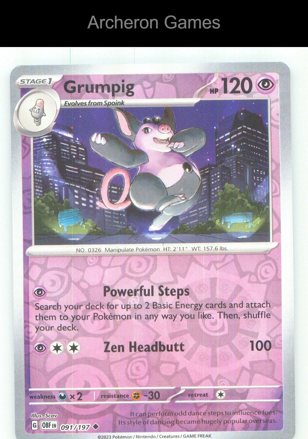 Pokemon Card Grumpig OBF 091/197 UC Obsidian Flames Reverse Holo