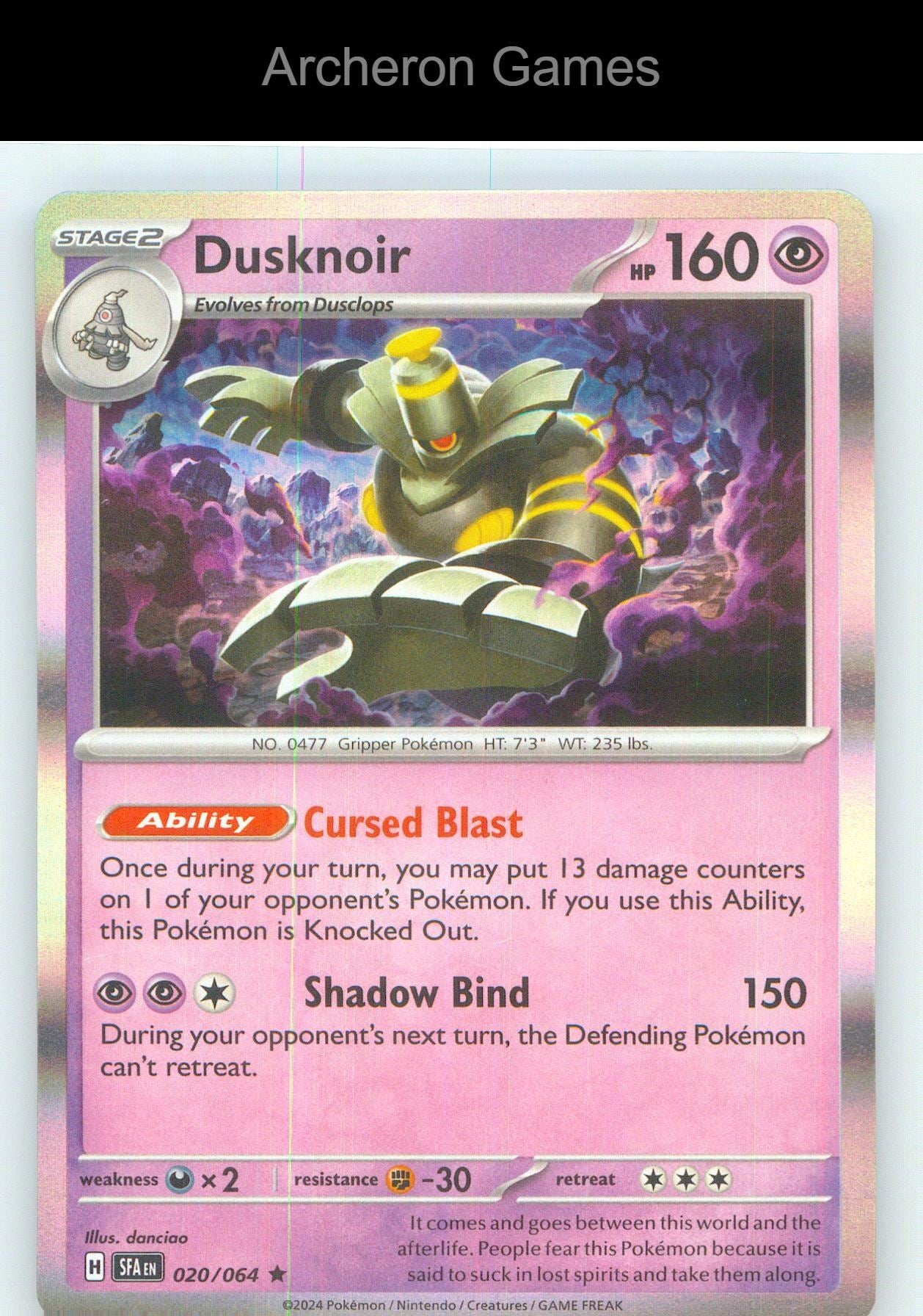 Pokemon Card Dusknoir SFA 020/064 R Shrouded Fable Holo