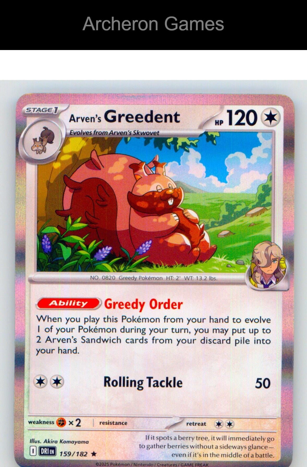 Pokemon Card Arven's Greedent DRI 159/182 R Destined Rivals Holo