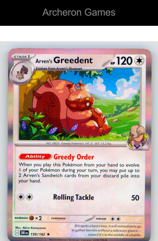 Pokemon Card Arven's Greedent DRI 159/182 R Destined Rivals Holo