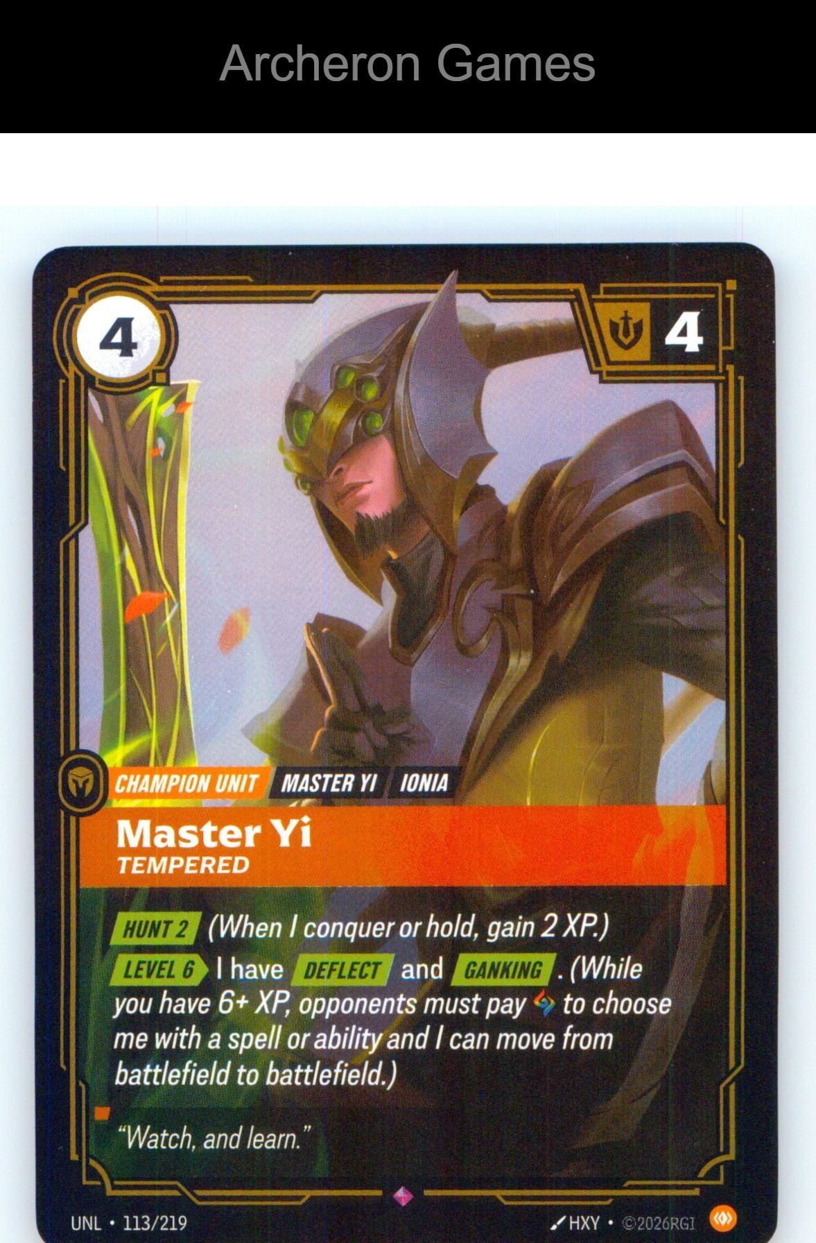 Master Yi - Tempered UNL 113/219 R Unleashed Riftbound Card