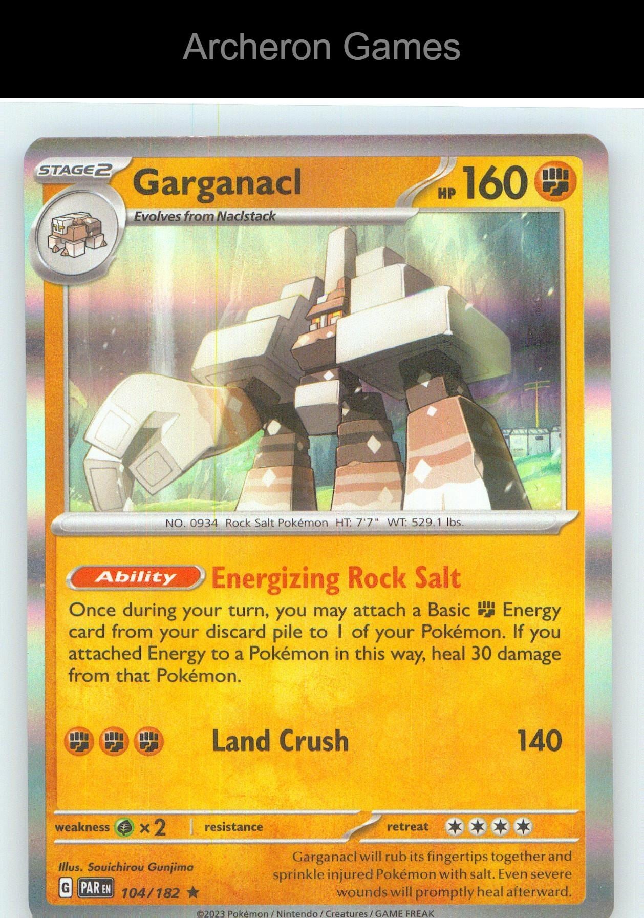 Pokemon Card Garganacl PAR 104/182 R Paradox Rift Holo