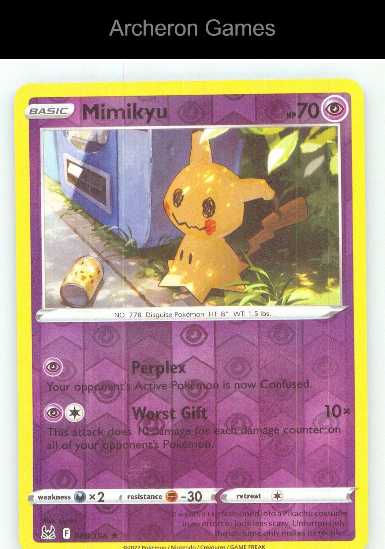 Pokemon Card Mimikyu LOR 080/196 R Lost Origin Reverse Holo