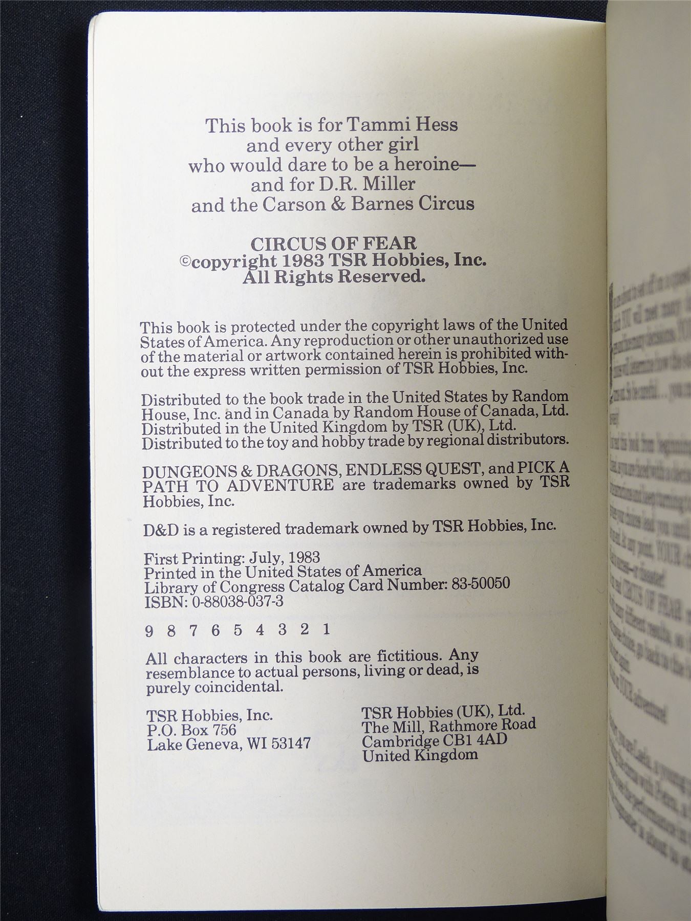 D&D Adventure Book: Circus of Fear Endless Quest - Vintage Novel Softback #M0