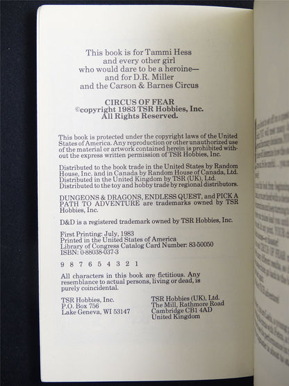 D&D Adventure Book: Circus of Fear Endless Quest - Vintage Novel Softback #M0