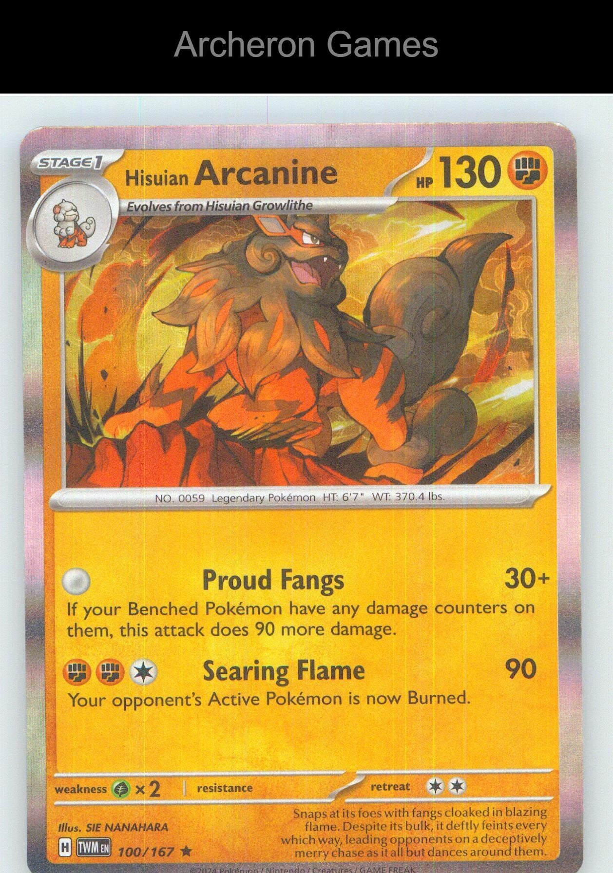 Pokemon Card Hisuian Arcanine TWM 100/167 R Twilight Masquerade Holo
