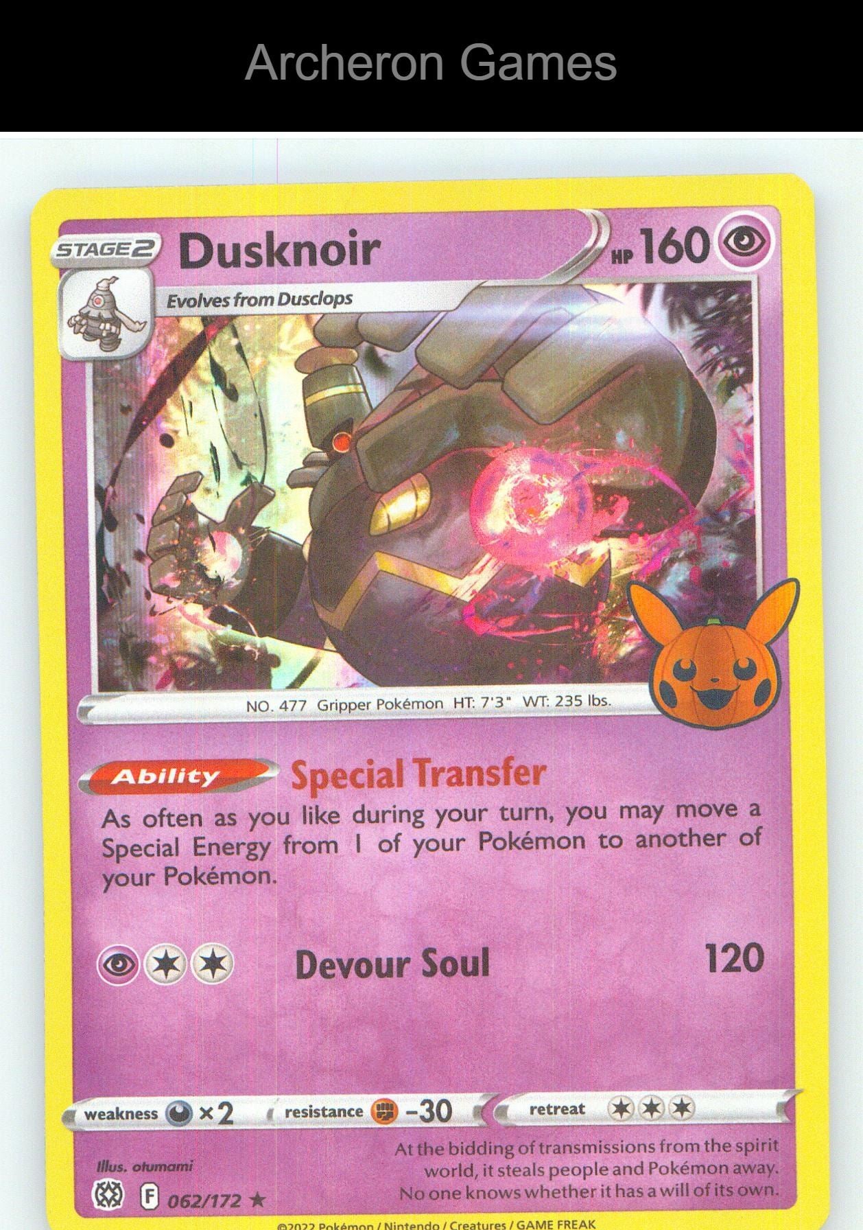 Pokemon Card Dusknoir TTBB 062/172 HOLO P Trick or Trade BOOster