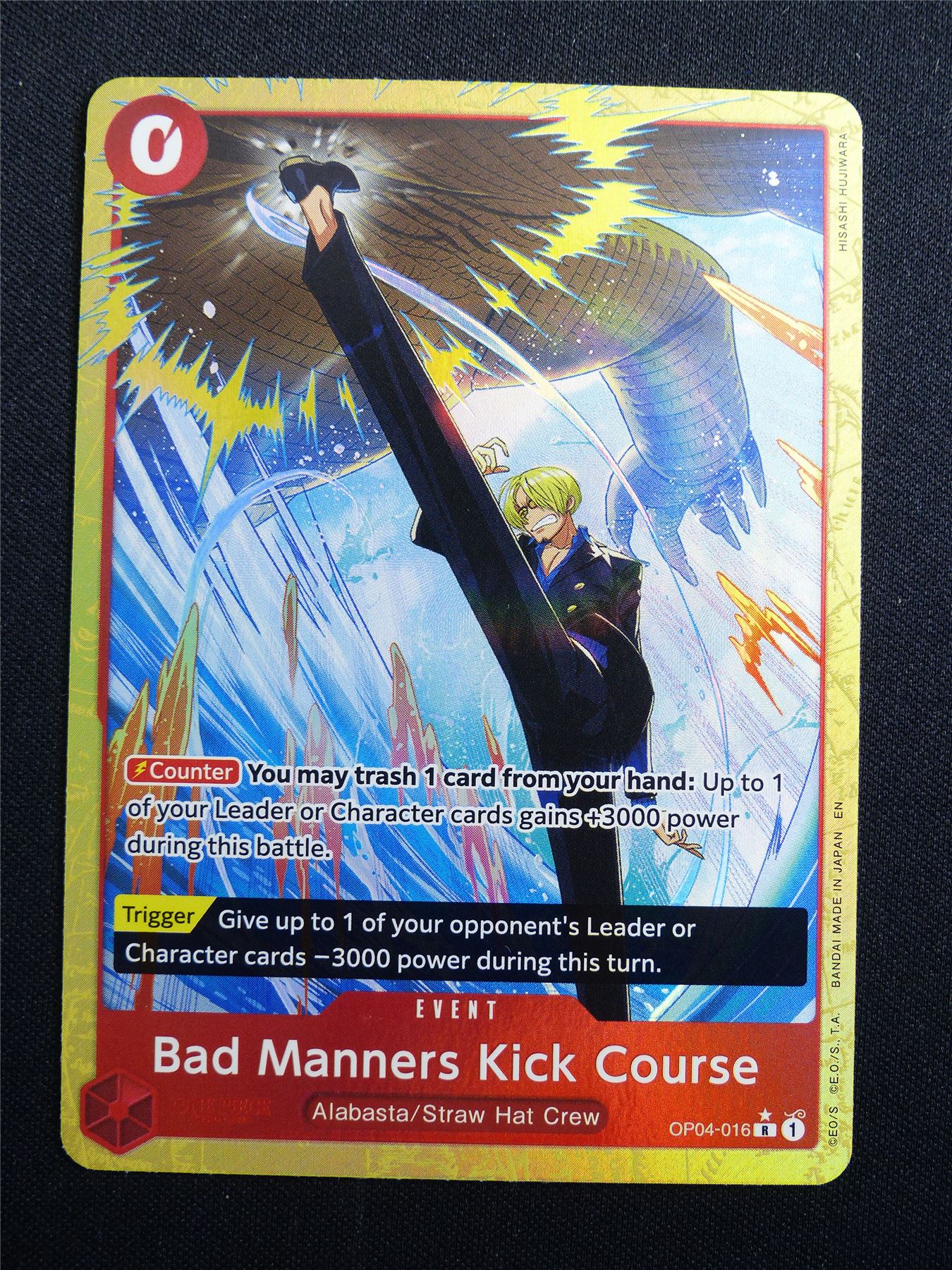 Bad Manners Kick Course OP04-016 R Foil alt art played - One Piece Card #3KC