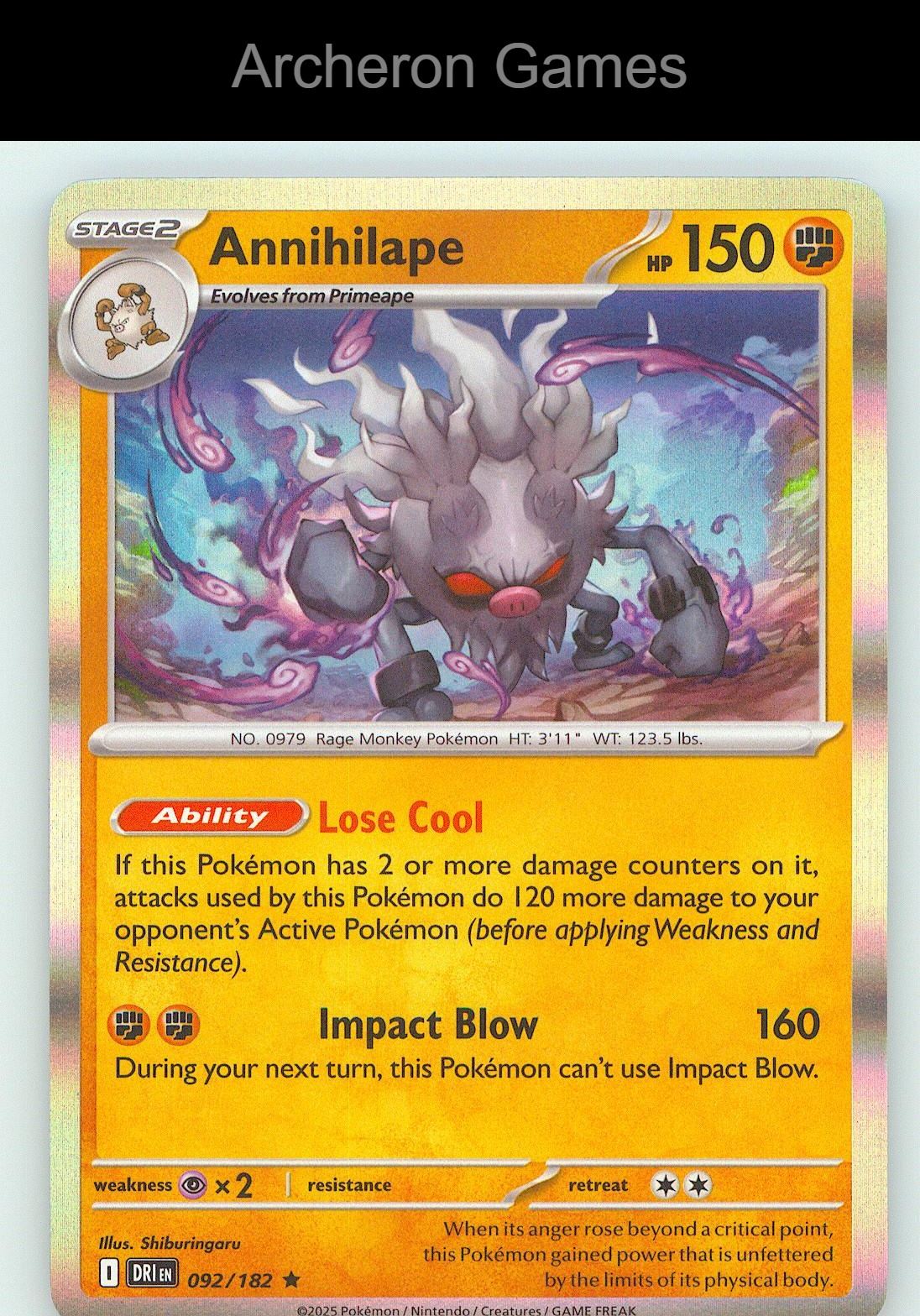 Pokemon Card Annihilape DRI 092/182 R Destined Rivals Holo
