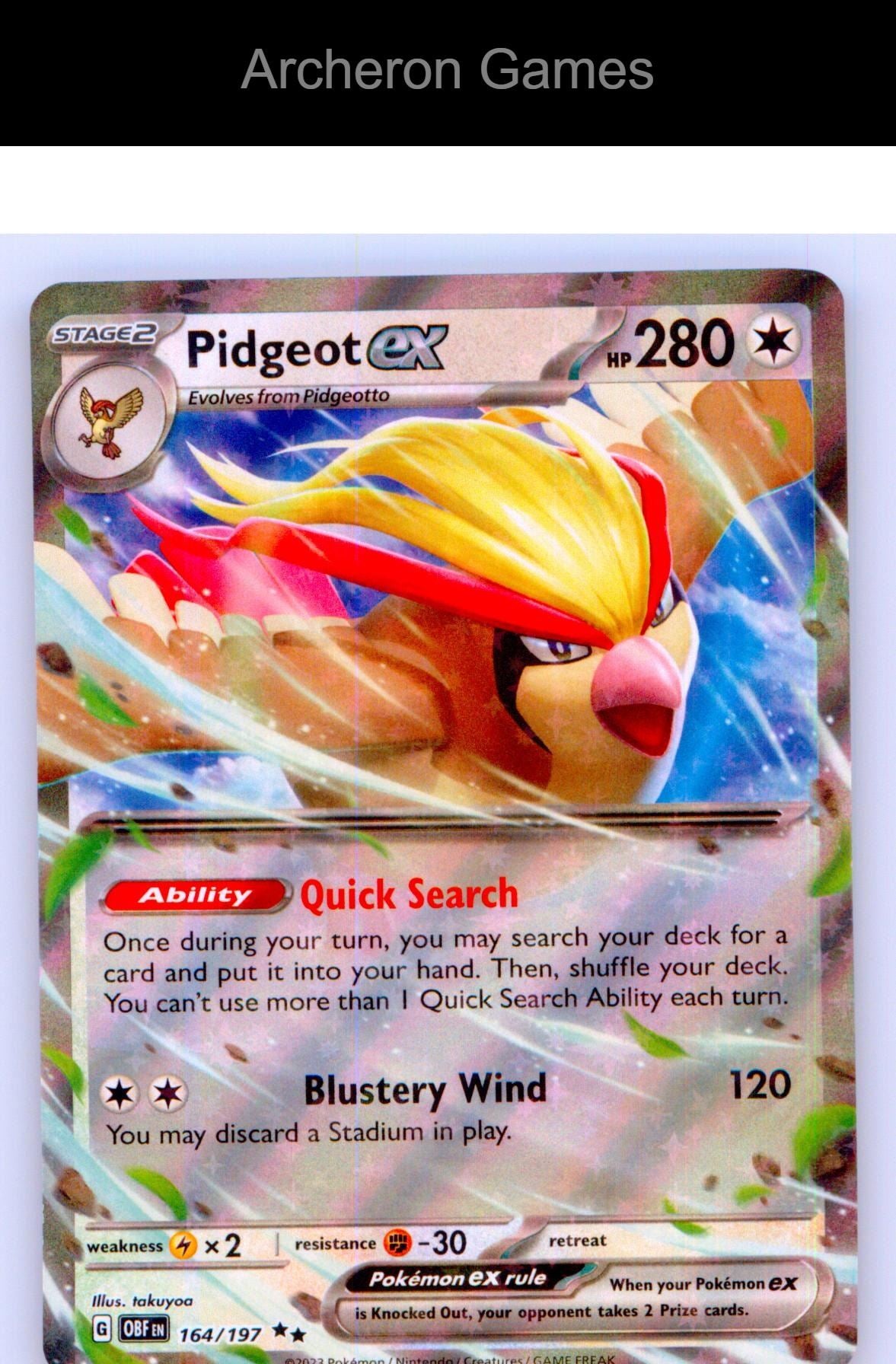 Pokemon Card Pidgeot ex OBF 164/197 Double Rare Obsidian Flames Holo