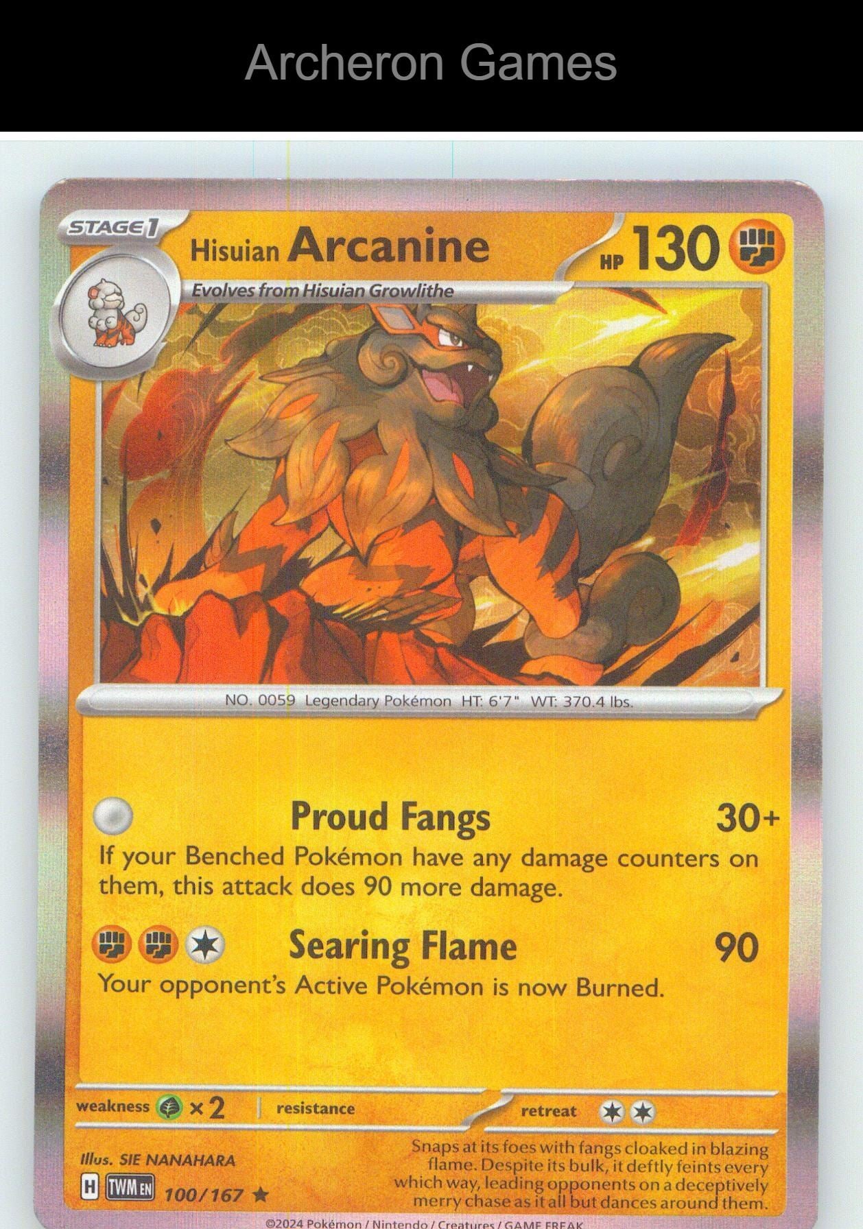 Pokemon Card Hisuian Arcanine TWM 100/167 R Twilight Masquerade Holo