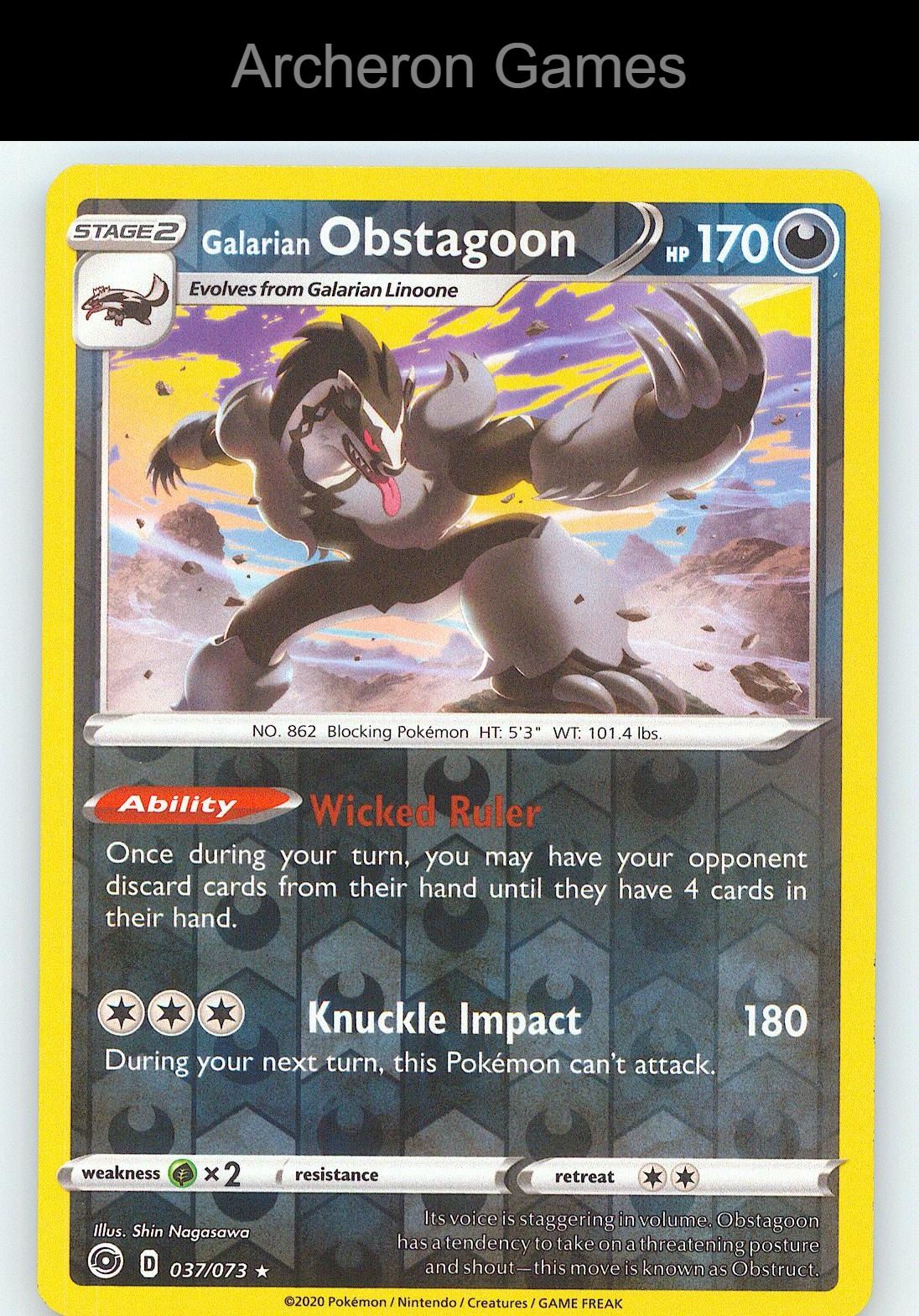 Pokemon Card Galarian Obstagoon CPA 037/073 R Champion's Path Reverse Holo