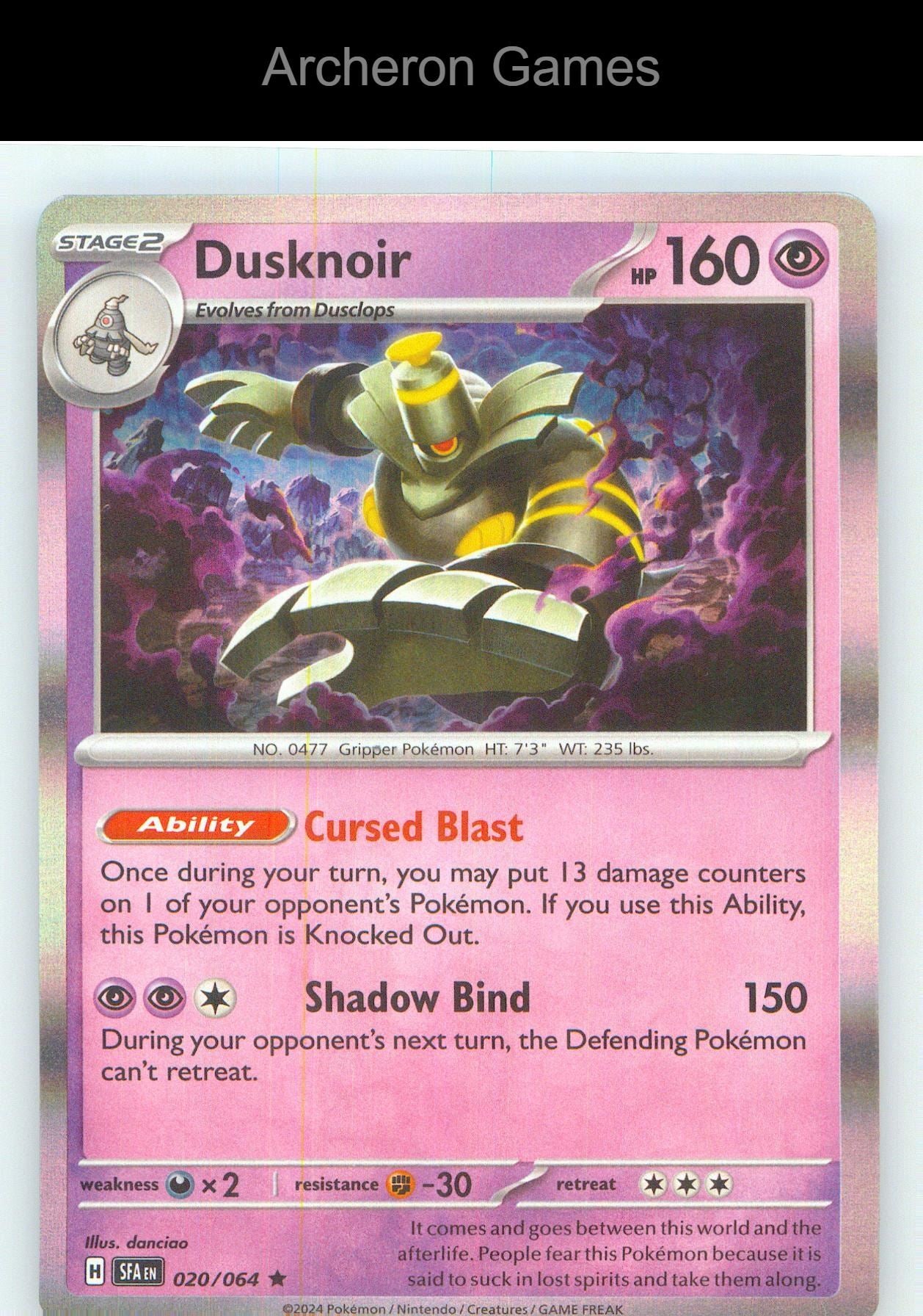 Pokemon Card Dusknoir SFA 020/064 R Shrouded Fable Holo