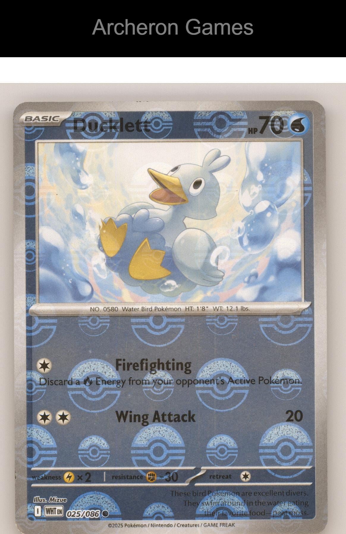 Pokemon Card Ducklett (Master Ball Pattern) WHT 025/086 C White Flare Holo