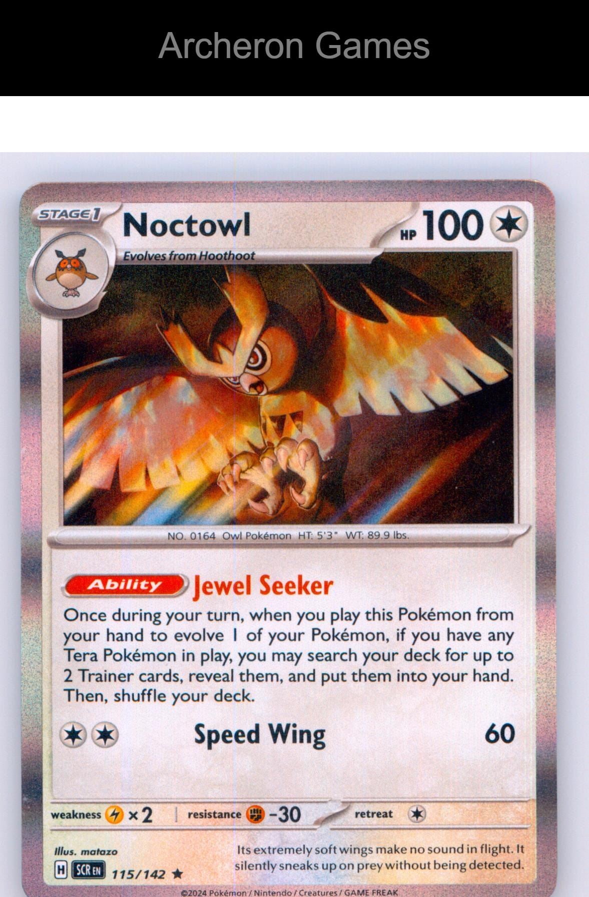 Pokemon Card Noctowl SCR 115/142 R Stellar Crown Holo