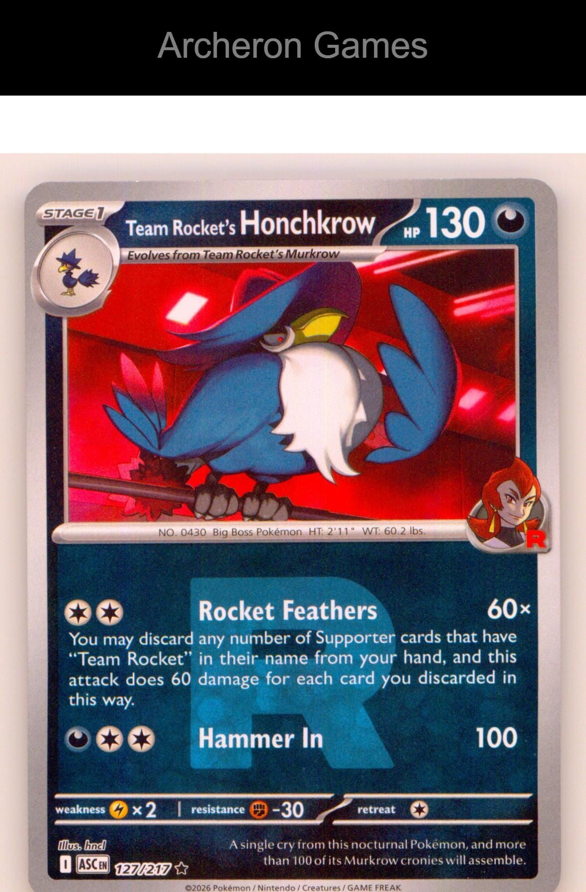 Pokemon Card Team Rocket's Honchkrow (Team Rocket) ASC 127/217  Reverse Holo