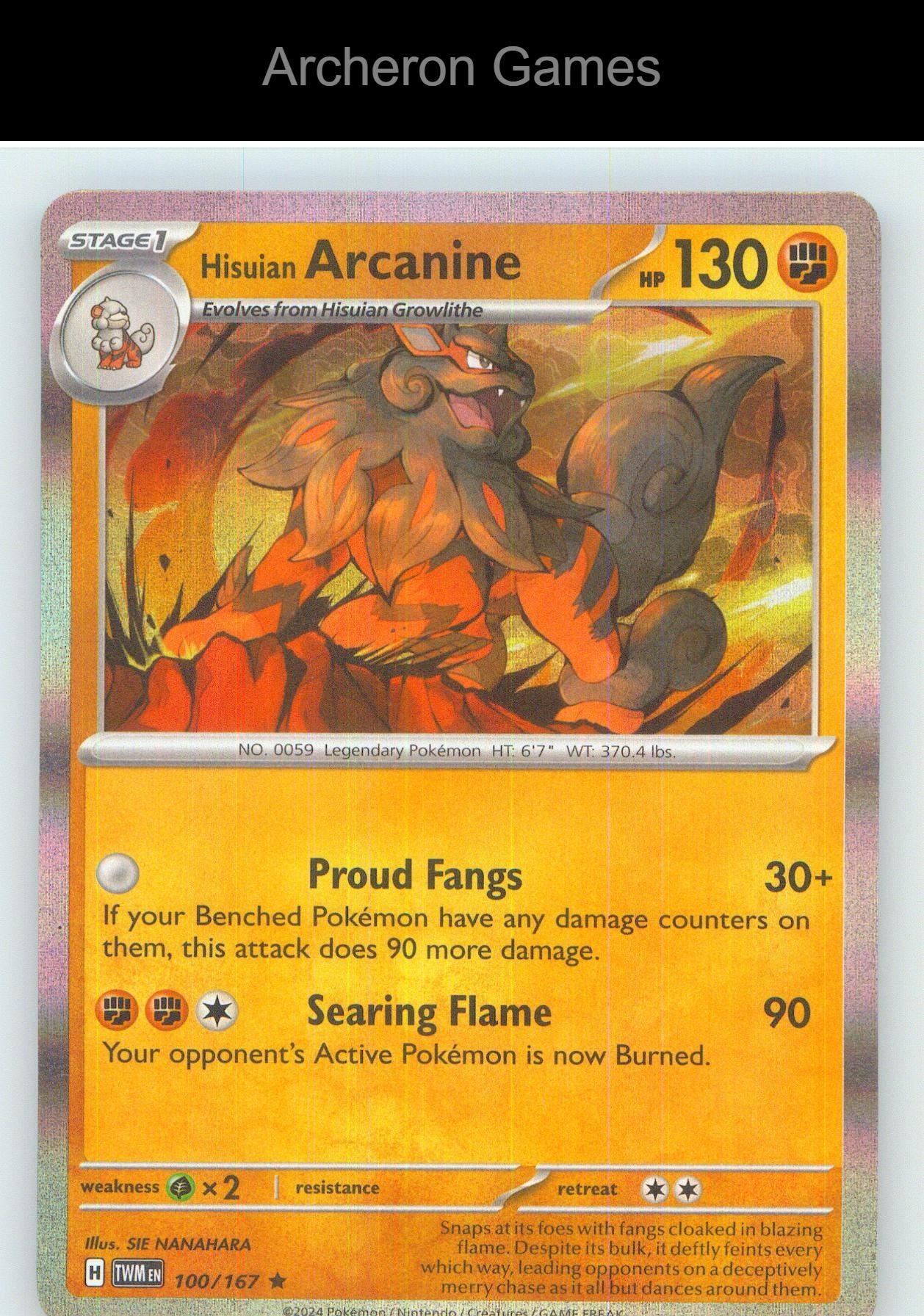 Pokemon Card Hisuian Arcanine TWM 100/167 R Twilight Masquerade Holo