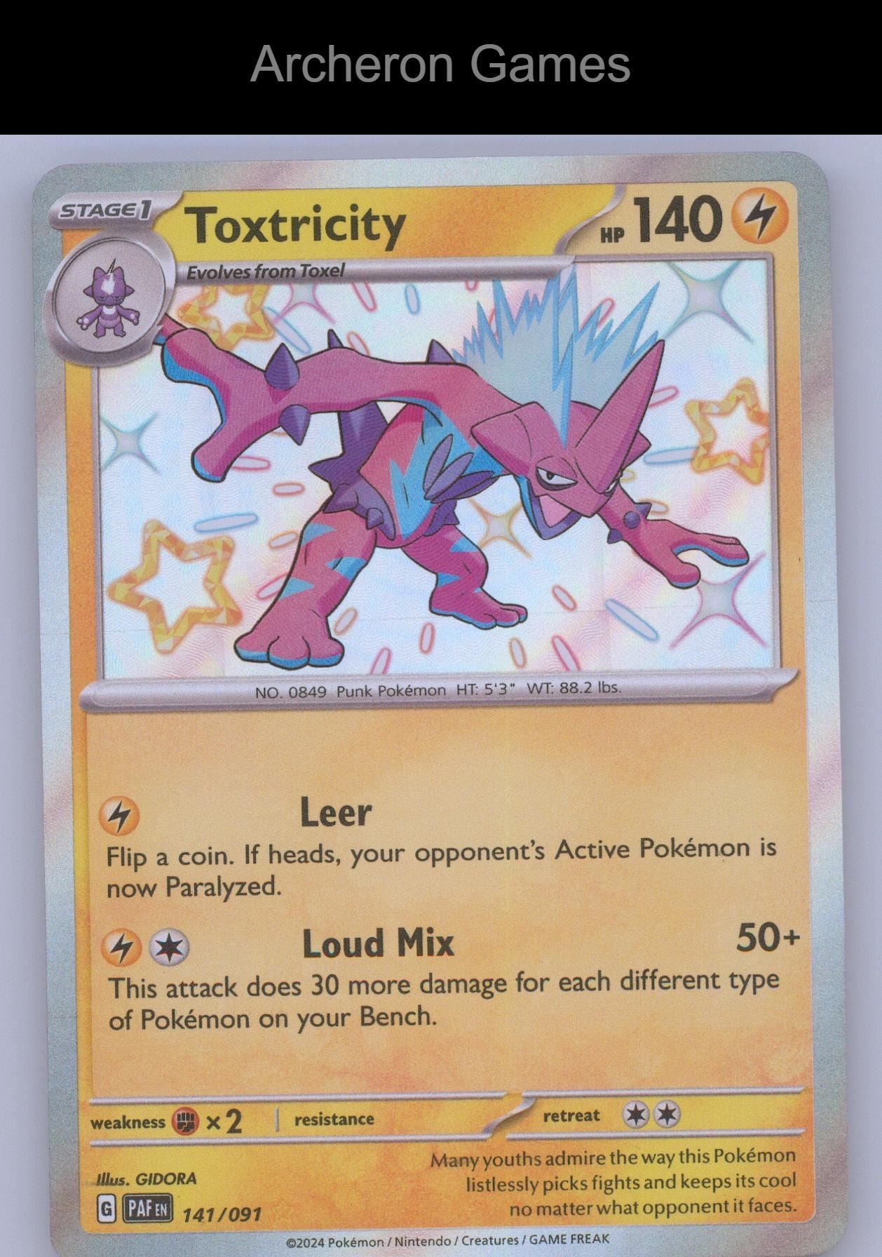 Pokemon Card Toxtricity PAF 141/091 Shiny Rare Paldean Fates Holo