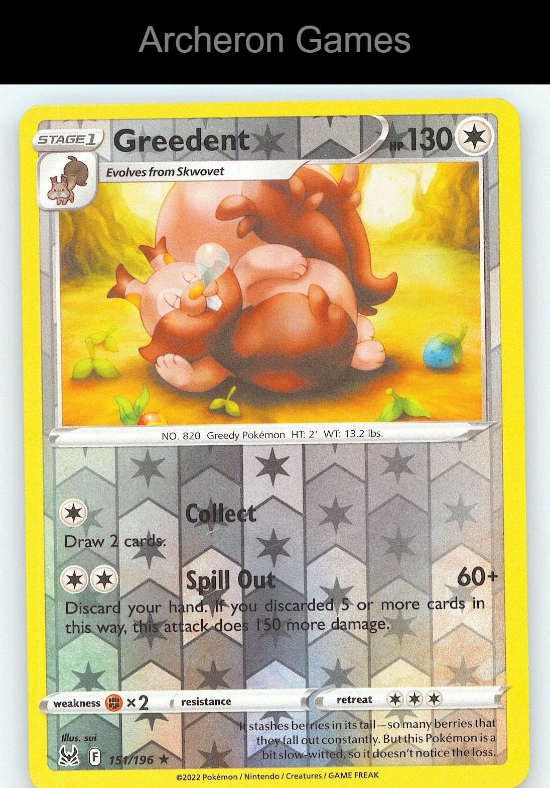Pokemon Card Greedent LOR 151/196 R Lost Origin Reverse Holo