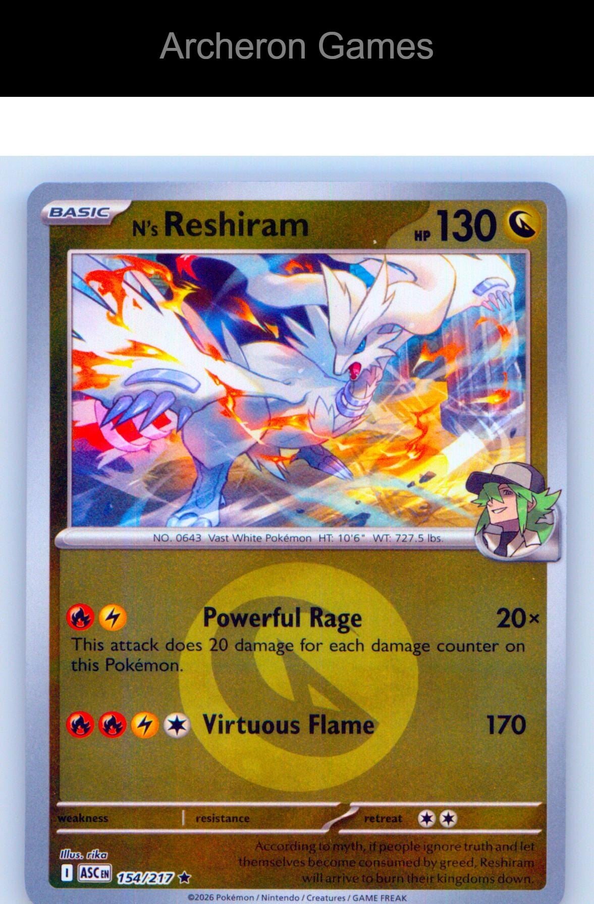 Pokemon Card N's Reshiram (Energy Symbol Pattern) ASC 154/217 Reverse Holo